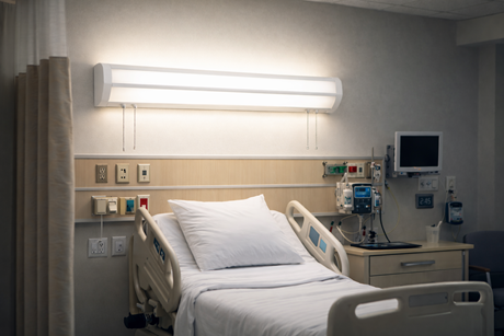 Hospital patient room scene showing over bed linear lighting application