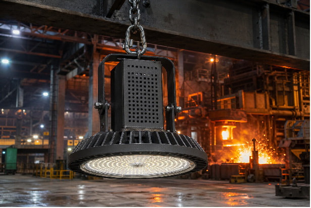 High temperature industrial LED luminaire installed in an industrial environment